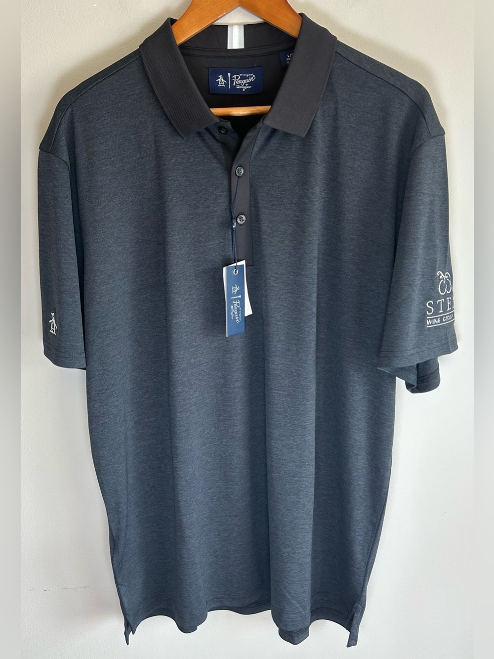 Original Penguin Mens Polo Shirt L Penguin Stretch Black Caviar Heather Gray NWT